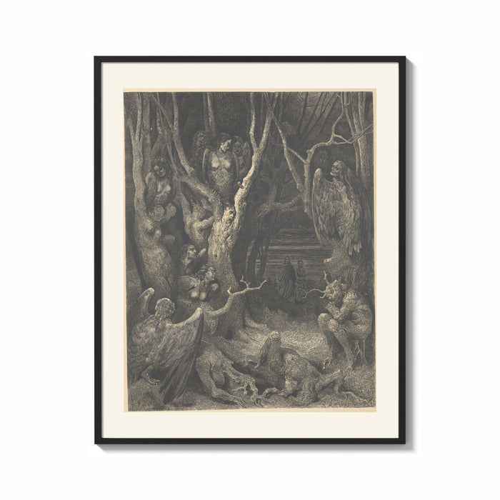 Framed Harpies in dark forest print shown as a bold statement piece on a clean gallery wall