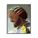 Drake laughs with bright colorful clips in his curly hair and a yellow jersey in this portrait poster