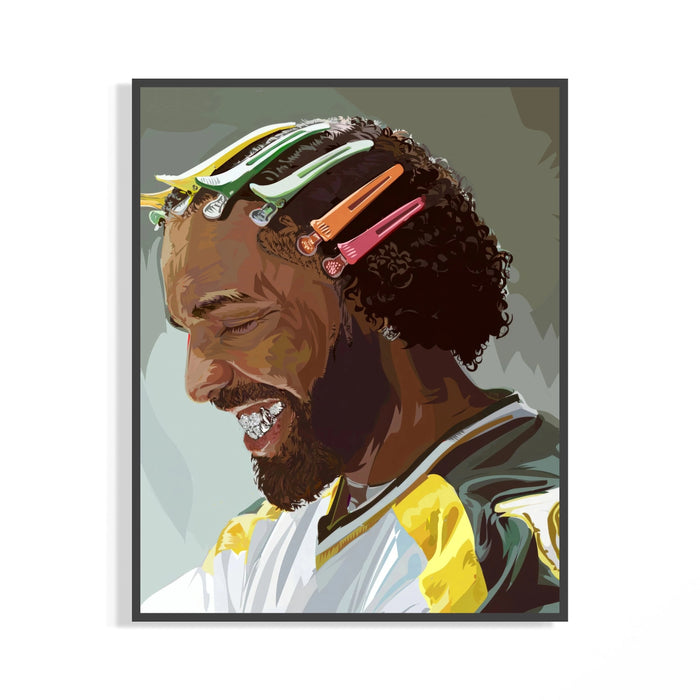 Drake laughs with bright colorful clips in his curly hair and a yellow jersey in this portrait poster