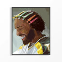 Drake colorful hair clips portrait poster showing rapper laughing with bright clips in curly hair and yellow jersey