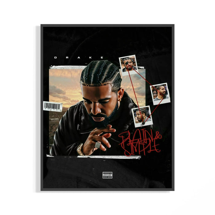 Drake with braided hair beside pinned polaroid photos connected by taut red string in warm sepia tones