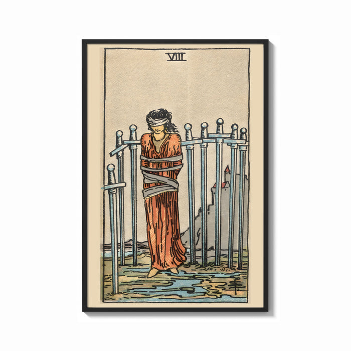Framed Eight of Swords print shown as a bold statement piece on a clean gallery wall