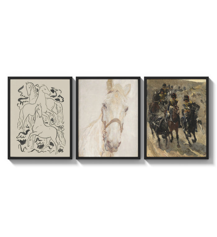 Horses and mounted cavalry soldiers three-panel set arranged as a triptych on a bright gallery wall