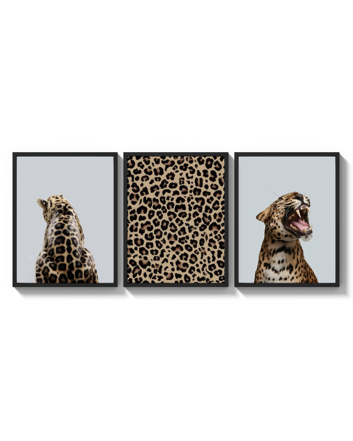 Leopard Print Wall Art Set triptych arranged on a bright gallery wall