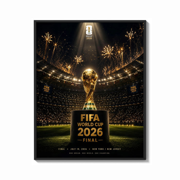 Framed FIFA World Cup trophy on pedestal print shown as a bold statement piece on a clean gallery wall
