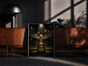 Black-framed FIFA World Cup trophy on pedestal print on a moody console with designer coffee-table books