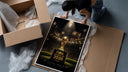 FIFA World Cup trophy on pedestal framed print being unpacked from protective bubble wrap and a box