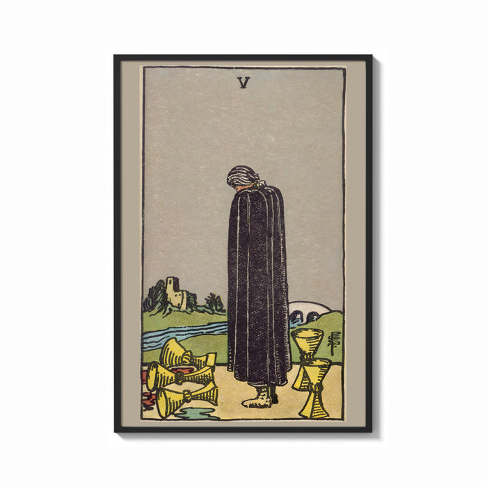 Framed Five of Cups print shown as a bold statement piece on a clean gallery wall