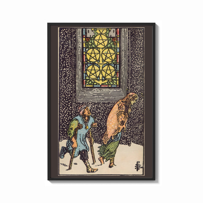 Framed Five of Pentacles print shown as a bold statement piece on a clean gallery wall