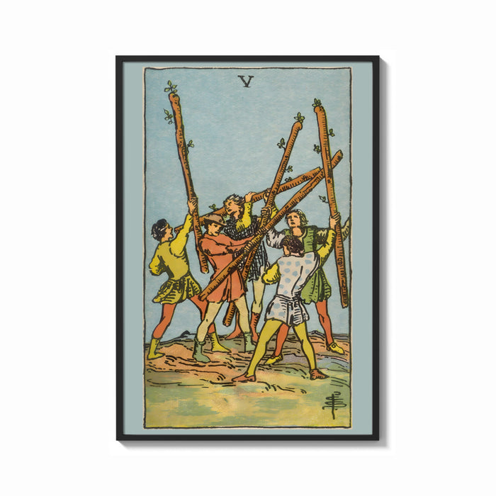 Framed Five of Wands print shown as a bold statement piece on a clean gallery wall