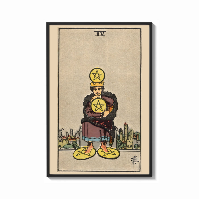 Framed Four of Pentacles print shown as a bold statement piece on a clean gallery wall