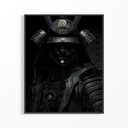 Framed black samurai poster showing a warrior in dark armor with gold medallion crest and menpo mask