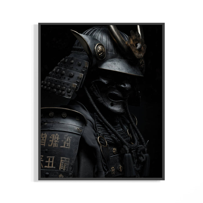 Close-up of a dark samurai armor poster showing weathered plates, a horned crest, and vertical kanji script