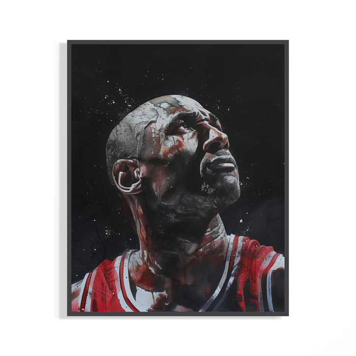 Michael Jordan portrait print in a red Bulls jersey looking upward with bold paint effects on the wall