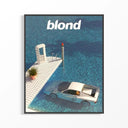 Frank Ocean Blond Album poster print in black frame showing dreamy pool scene with submerged luxury car and crystal blue water