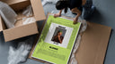 Man covering face album cover framed print being unpacked from protective bubble wrap and a box