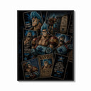 Framed Blue-haired muscular anime cyborg man print shown as a bold statement piece on a clean gallery wall