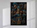 Blue-haired muscular anime cyborg man poster in a slim frame on a bright wall with soft window light