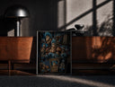 Black-framed Blue-haired muscular anime cyborg man print on a moody console with designer coffee-table books