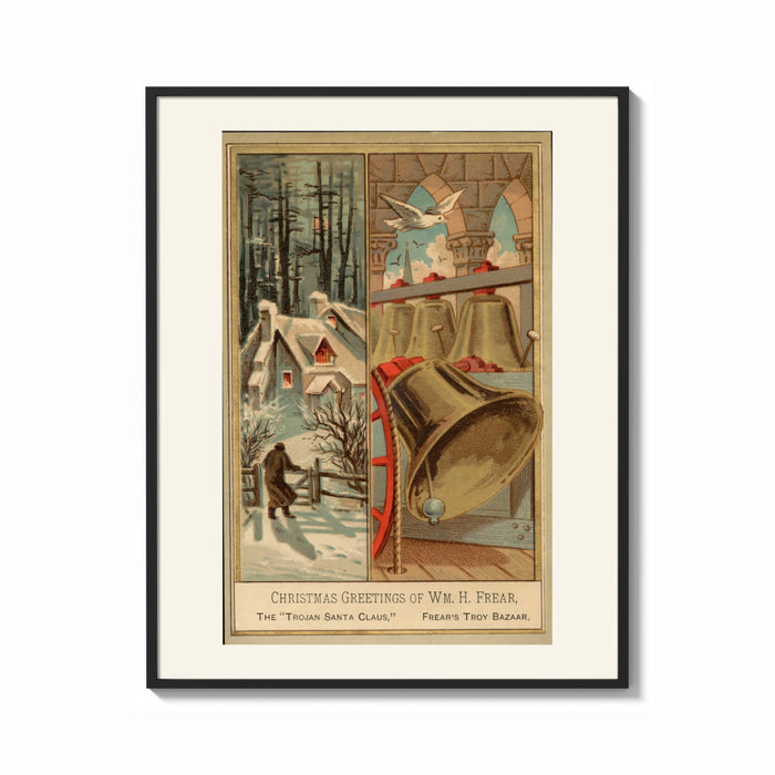 Framed Church bells and snowy winter village print shown as a bold statement piece on a clean gallery wall