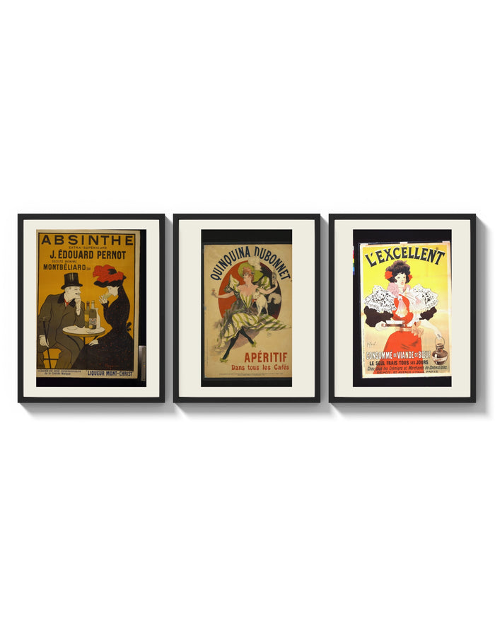 Vintage French aperitif advertisements trio three-panel set arranged as a triptych on a bright gallery wall