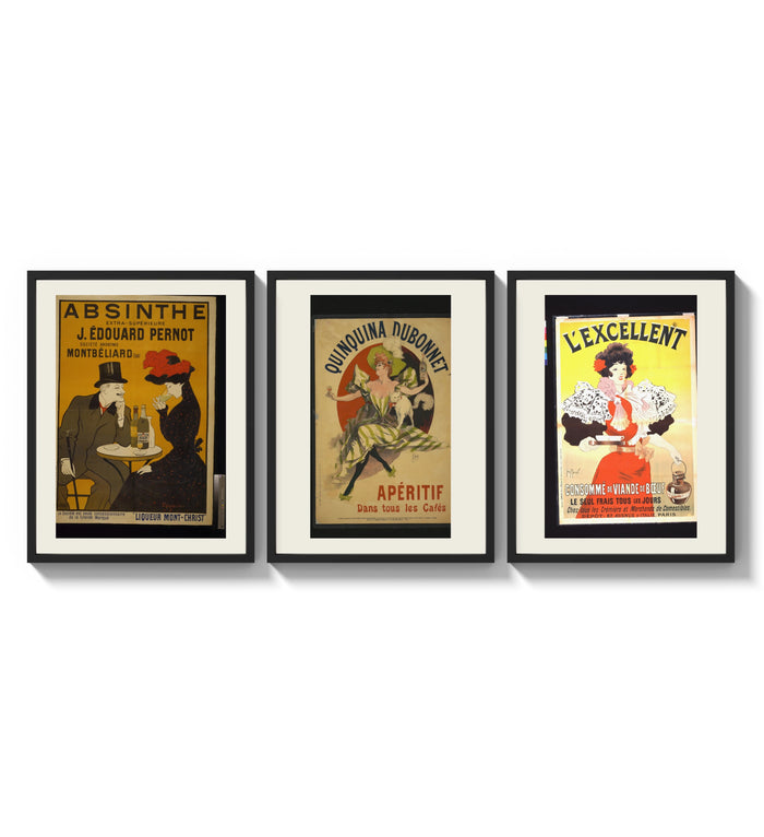 Vintage French aperitif advertisements trio three-panel set arranged as a triptych on a bright gallery wall