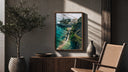 Cliffside coastal luxury villa estate poster framed above a fluted sideboard beside an olive tree