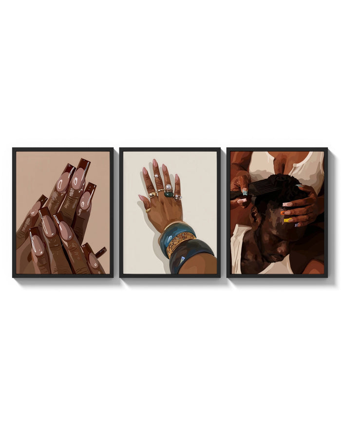French Tips and Painted Nails Set of 3 arranged on a bright gallery wall