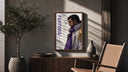 Anime marine admiral profile portrait poster framed above a fluted sideboard beside an olive tree