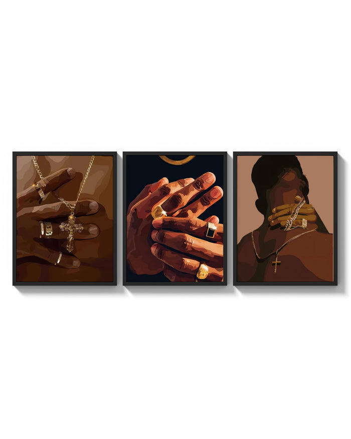 Gold Rings and Chains Set of 3 arranged on a bright gallery wall