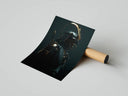 Golden ronin samurai viewed from behind with katana and crescent crest, resting on a shipping tube