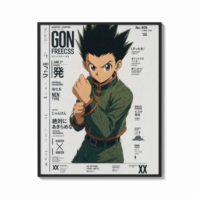 Framed anime boy in fighting stance print shown as a bold statement piece on a clean gallery wall