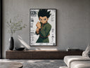 anime boy in fighting stance poster framed above a wood console in a concrete-wall living room