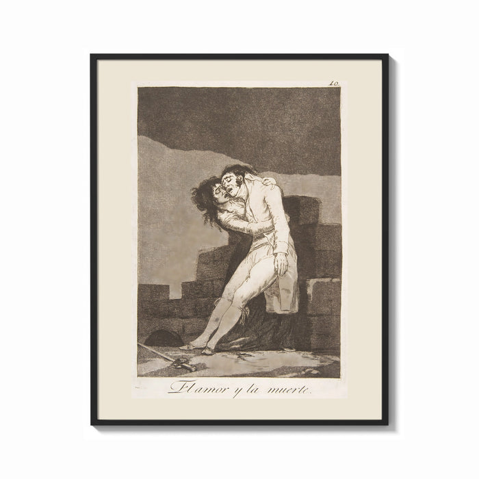 Framed man embracing dying woman print shown as a bold statement piece on a clean gallery wall