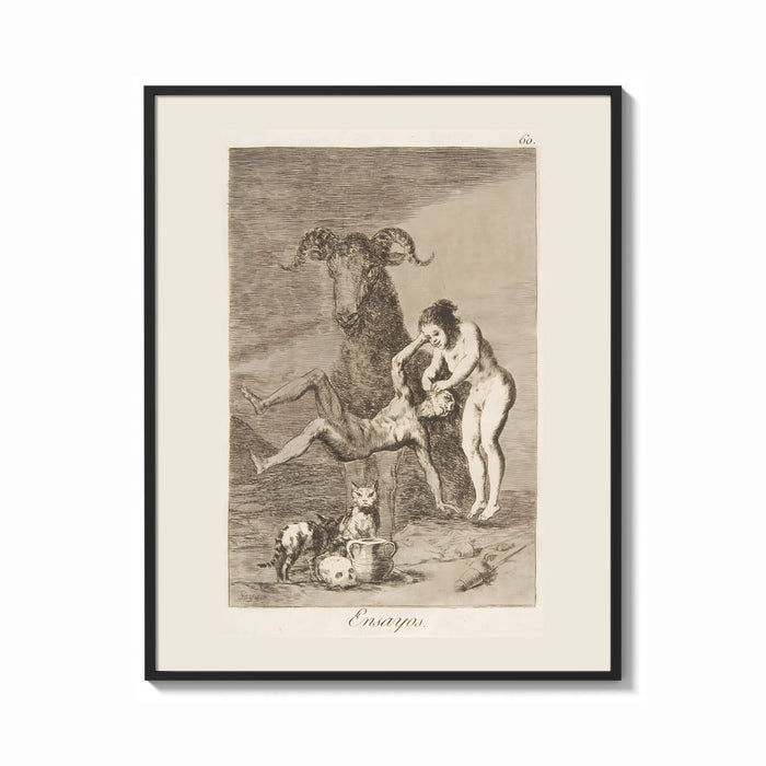 Framed witch scene with goat demon print shown as a bold statement piece on a clean gallery wall