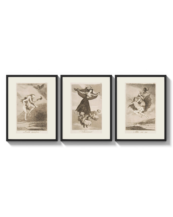Goya witches flying etchings three-panel set arranged as a triptych on a bright gallery wall