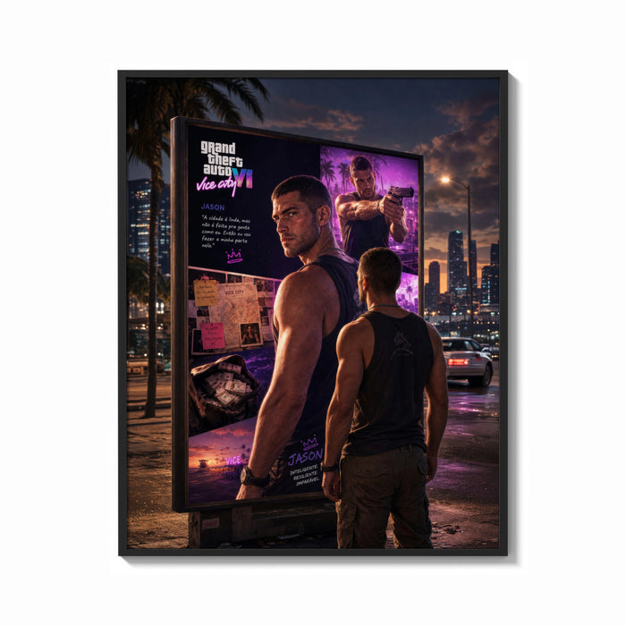 Framed muscular man in tank top print shown as a bold statement piece on a clean gallery wall