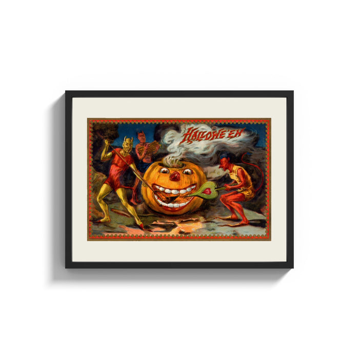 Framed Devils tormenting grinning jack-o'-lantern print shown as a wide statement piece on a clean white wall