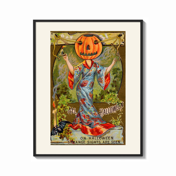 Framed Pumpkin-headed woman in kimono print shown as a bold statement piece on a clean gallery wall