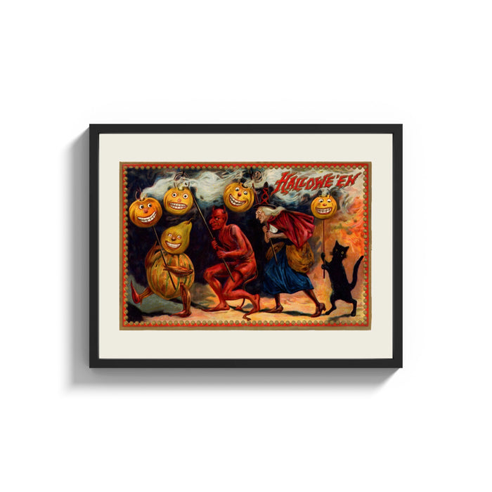 Framed Halloween parade of jack-o-lantern figures print shown as a wide statement piece on a clean white wall
