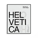 Helvetica Swiss typography poster in black frame showing geometric letter forms in bold black ink