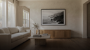 Luxury modern living room with a large framed black-and-white fine-art print — Haus of Prints