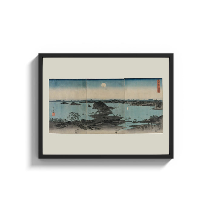 Framed Japanese bay landscape with moon print shown as a wide statement piece on a clean white wall