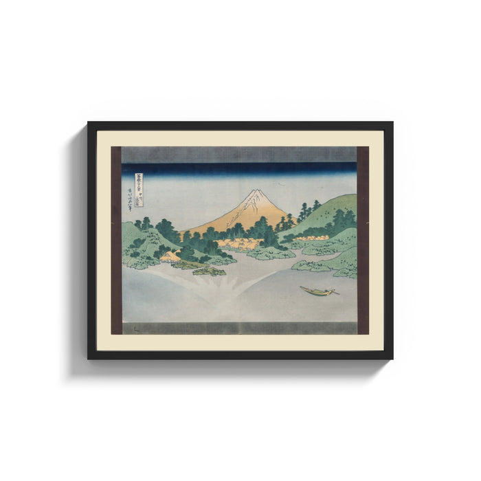 Framed Mount Fuji reflected in water print shown as a wide statement piece on a clean white wall