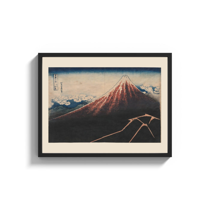 Framed Mount Fuji with lightning storm print shown as a wide statement piece on a clean white wall