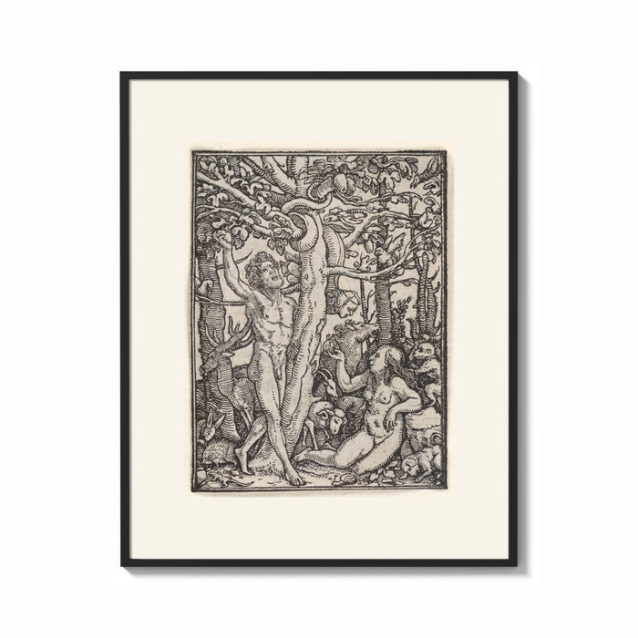 Framed Adam and Eve in Eden print shown as a bold statement piece on a clean gallery wall