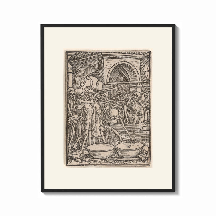 Framed Skeletons dancing playing instruments print shown as a bold statement piece on a clean gallery wall