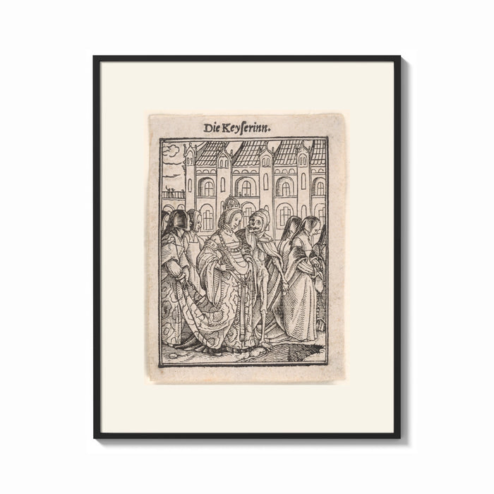 Framed Death dancing with empress print shown as a bold statement piece on a clean gallery wall