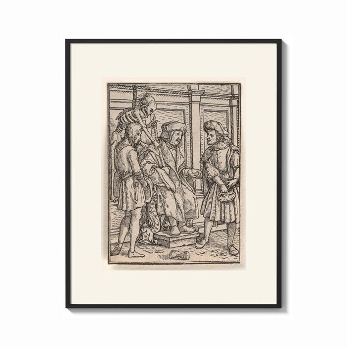 Framed Death confronts judge and man print shown as a bold statement piece on a clean gallery wall