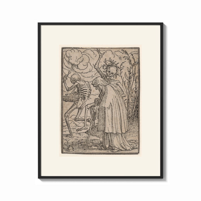 Framed Death dancing with old woman print shown as a bold statement piece on a clean gallery wall